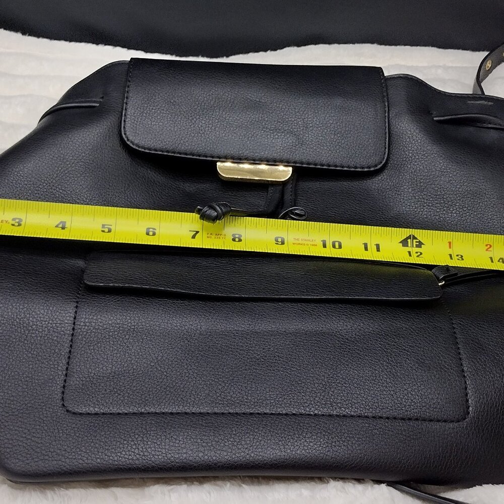 Zara Black Faux Leather Backpack Gold Hardware Flap Drawstring Adjustable Straps - Picture 5 of 13